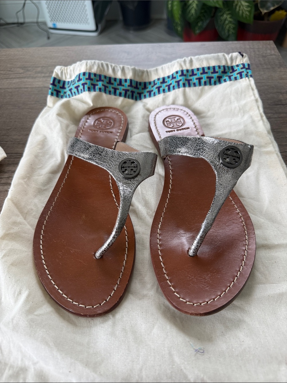 Tory Burch Metallic Silver Miller Thong Sandals with Brown Footbed